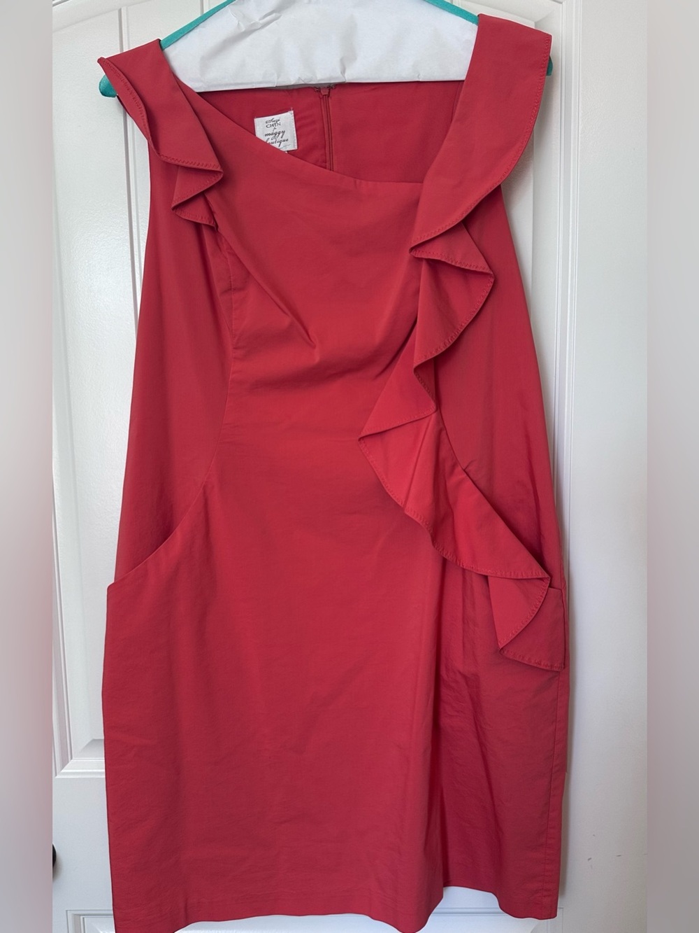 Suzi Chin for Maggy Boutique Coral-Red One-Shoulder Ruffle Sheath Dress